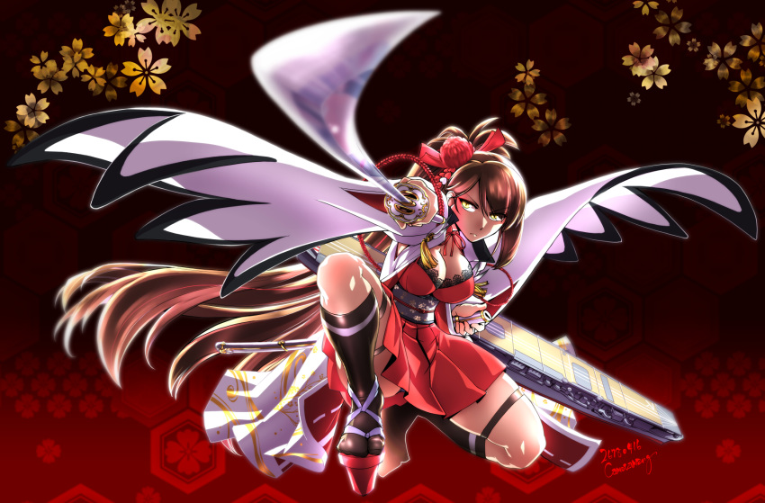 aiguillette azur_lane bangs black_legwear breasts brown_hair cherry_blossoms cleavage closed_mouth commentary_request dress eyebrows_visible_through_hair eyeshadow fighting_stance flight_deck hair_ornament highres holding holding_sheath holding_sword holding_weapon japanese_clothes kamotama katana kneehighs large_breasts long_hair looking_at_viewer makeup obi one_knee ponytail ribbon rudder_shoes sash sheath sidelocks skindentation sword tassel thigh_strap thighs very_long_hair weapon wide_sleeves wind wind_lift zuikaku_(azur_lane)
