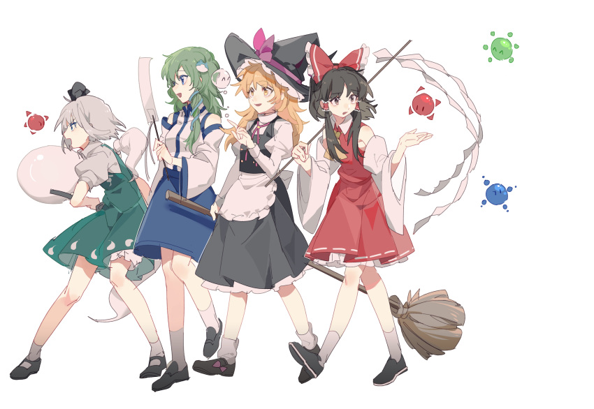 aibivy apron bare_legs black_eyes black_footwear black_hair black_hat black_ribbon black_skirt blonde_hair bloomers blue_eyes blue_skirt bow broom buttons detached_sleeves frog_hair_ornament gohei green_hair green_skirt hair_bow hair_ornament hair_ribbon hair_tubes hakurei_reimu hat hat_bow highres holding holding_sword holding_weapon kirisame_marisa kochiya_sanae konpaku_youmu konpaku_youmu_(ghost) lineup long_hair miniskirt multiple_girls purple_bow red_bow red_skirt ribbon ribbon-trimmed_skirt ribbon_trim shide shirt shoe_bow shoes sidelocks silver_hair simple_background skirt skirt_set smile snake_hair_ornament socks standing sword ten_desires touhou underwear vest waist_apron walking weapon white_background white_legwear white_shirt wide_sleeves witch_hat yellow_eyes