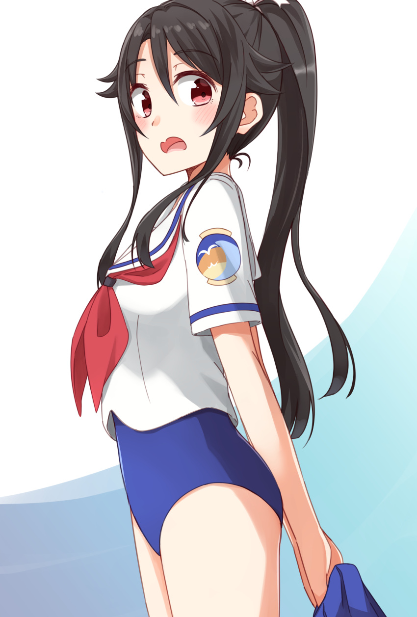 absurdres badge black_hair blue_skirt blue_swimsuit cowboy_shot high_school_fleet highres holding_skirt kapatarou long_hair munetani_mashiro neckerchief one-piece_swimsuit open_mouth pleated_skirt ponytail red_eyes red_neckwear sailor_collar school_uniform serafuku short_sleeves skirt skirt_removed solo surprised swimsuit swimsuit_under_clothes white_sailor_collar yokosuka_girls_marine_high_school_uniform