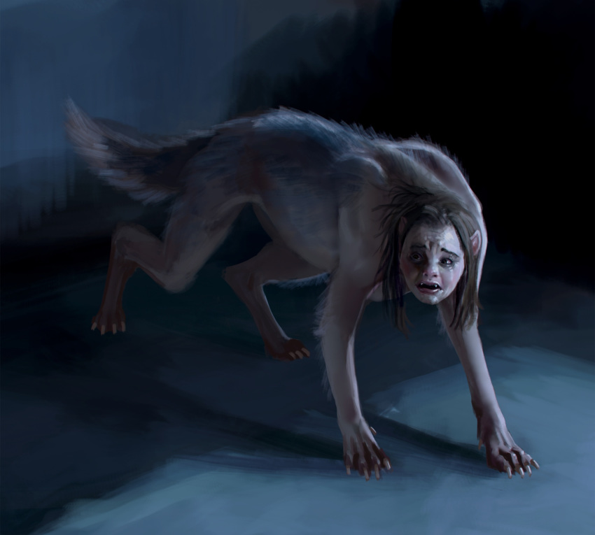 2018 brown_hair canine fangs female hair liminalbean long_hair mammal nightmare_fuel nude open_mouth scared solo standing transformation were werewolf