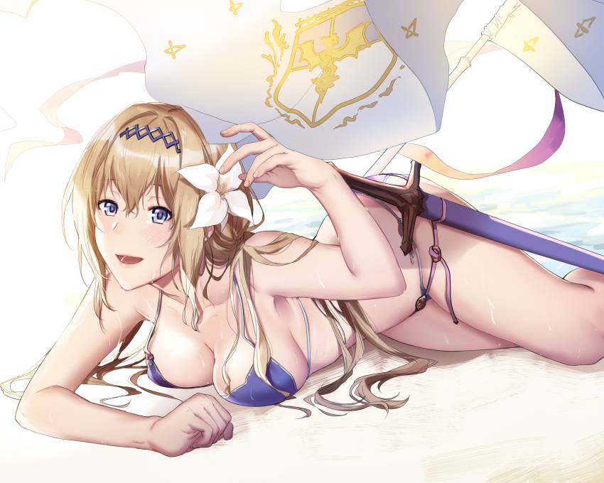 banner beach bikini blonde_hair blue_bikini blue_eyes breasts cleavage day eyebrows_visible_through_hair flower granblue_fantasy hair_between_eyes hair_flower hair_ornament hairband hibiscus highres jeanne_d'arc_(granblue_fantasy) long_hair lying medium_breasts meron on_stomach outdoors sheath sheathed shiny shiny_skin sideboob simple_background solo swimsuit sword weapon wet white_background white_flower