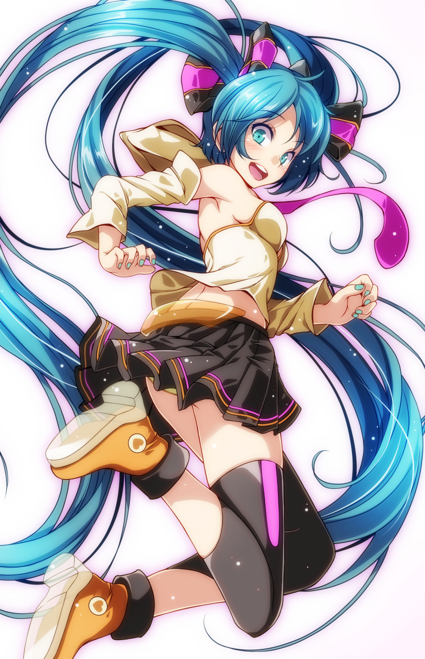 :d absurdly_long_hair absurdres aqua_nails black_skirt blue_hair boots breasts detached_sleeves eyebrows_visible_through_hair floating_hair green_eyes hair_ornament hatsune_miku highres leg_warmers long_hair looking_at_viewer looking_back medium_breasts miniskirt nail_polish open_mouth orange_footwear panties pantyshot pantyshot_(jumping) pleated_skirt project_diva_(series) see-through shirt sideboob simple_background sing&amp;smile_(vocaloid) skirt sleeveless sleeveless_shirt smile solo tsukishiro_saika twintails underwear very_long_hair vocaloid white_background yellow_panties yellow_shirt