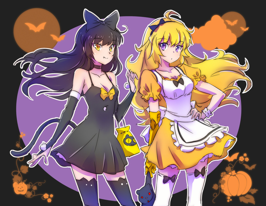 ahoge bear black_hair blake_belladonna blonde_hair bow breasts cat_tail cleavage commentary_request fang goldilocks goldilocks_and_the_three_bears hair_bow halloween halloween_costume highres iesupa looking_at_viewer medium_breasts multiple_girls prosthesis prosthetic_arm pumpkin purple_eyes rwby scrunchie stuffed_animal stuffed_toy tail teddy_bear thighhighs yang_xiao_long yellow_eyes