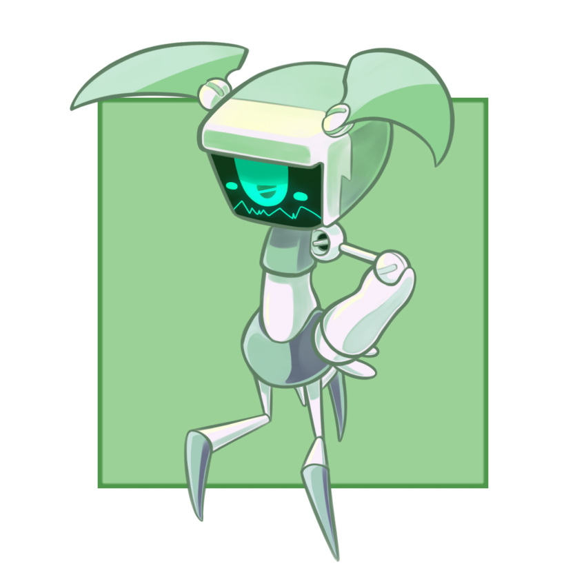 1_arm 1_eye 2015 3_legs blush digital_drawing_(artwork) digital_media_(artwork) female green_background green_body hand_on_hip hi_res high-angle_view kaikoinu machine my_life_as_a_teenage_robot nickelodeon not_furry pigtails robot simple_background solo white_body xj-6