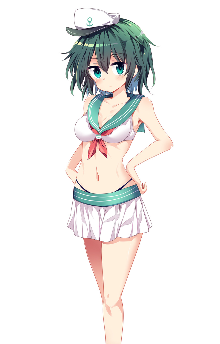 adapted_costume anchor_symbol aqua_eyes bare_arms bare_shoulders bikini_bottom blush breasts cleavage collarbone commentary_request crop_top eyebrows_visible_through_hair feet_out_of_frame green_hair hair_between_eyes hand_on_hip hat highres looking_at_viewer maturiuta_sorato medium_breasts midriff murasa_minamitsu navel pleated_skirt red_neckwear sailor_collar sailor_hat short_hair simple_background skirt solo standing touhou white_background white_skirt