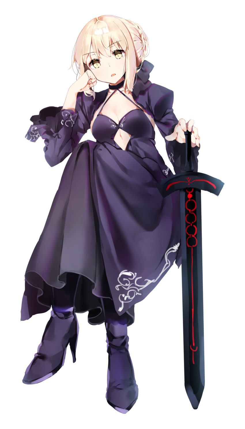 argyle_cutout artoria_pendragon_(all) bad_id bad_pixiv_id black_dress blonde_hair breasts cleavage collarbone dark_excalibur dress eyebrows_visible_through_hair fate/stay_night fate_(series) full_body gothic_lolita hair_between_eyes hand_on_hilt high_heels highres invisible_chair lolita_fashion long_dress looking_at_viewer medium_breasts ongyageum saber_alter sidelocks simple_background sitting sleeveless sleeveless_dress solo tied_hair white_background yellow_eyes