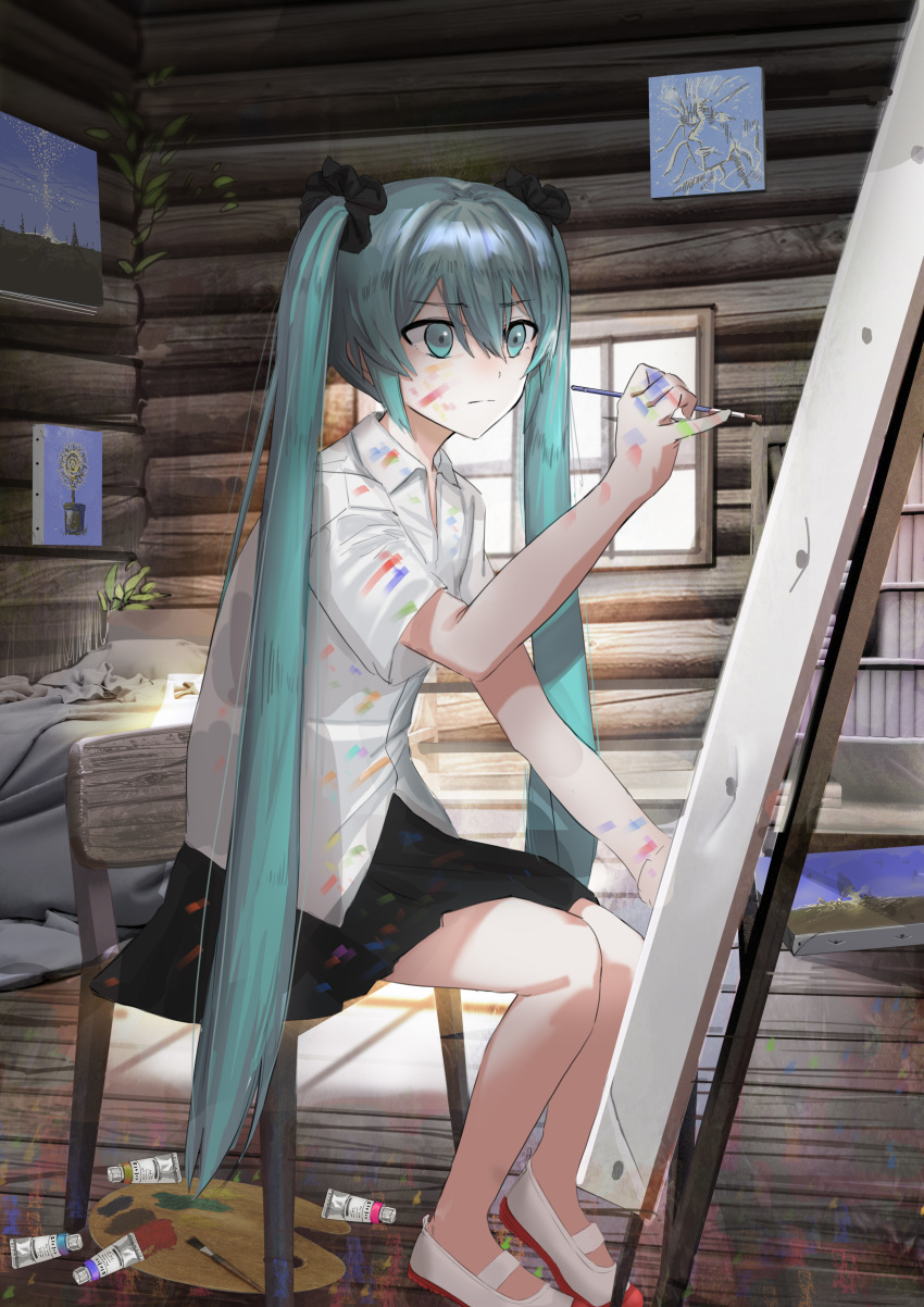 absurdres aqua_eyes aqua_hair bad_id bad_pixiv_id black_scrunchie black_skirt canvas_(object) dress_shirt eyebrows_visible_through_hair from_side geisha-geisha- hair_between_eyes hair_ornament hair_scrunchie hatsune_miku highres holding_brush indoors long_hair miniskirt paint_on_body paint_on_clothes paint_on_face painting pleated_skirt scrunchie shirt shoes short_sleeves sitting skirt solo twintails very_long_hair vocaloid white_footwear white_shirt wooden_floor