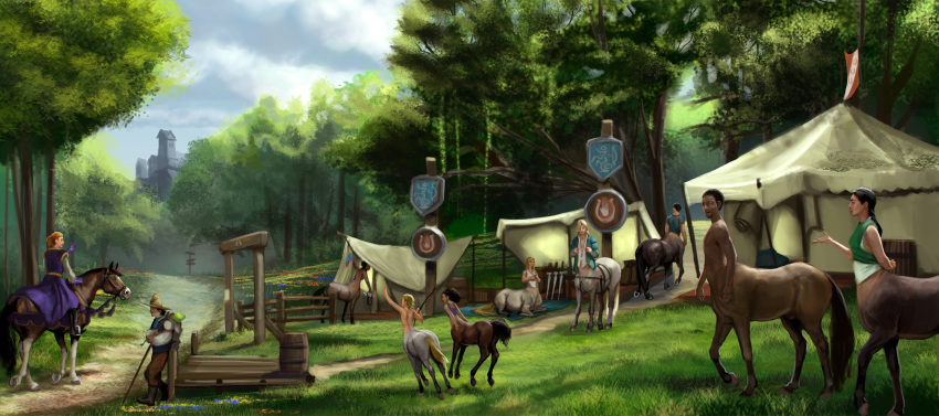 2018 barrel black_hair blonde_hair breasts brown_hair centaur clothed clothing detailed_background dress equine equine_taur female feral flower forest group hair horse human liminalbean male mammal melee_weapon nude open_mouth pants plant road shirt shop standing sword taur tent tree weapon young