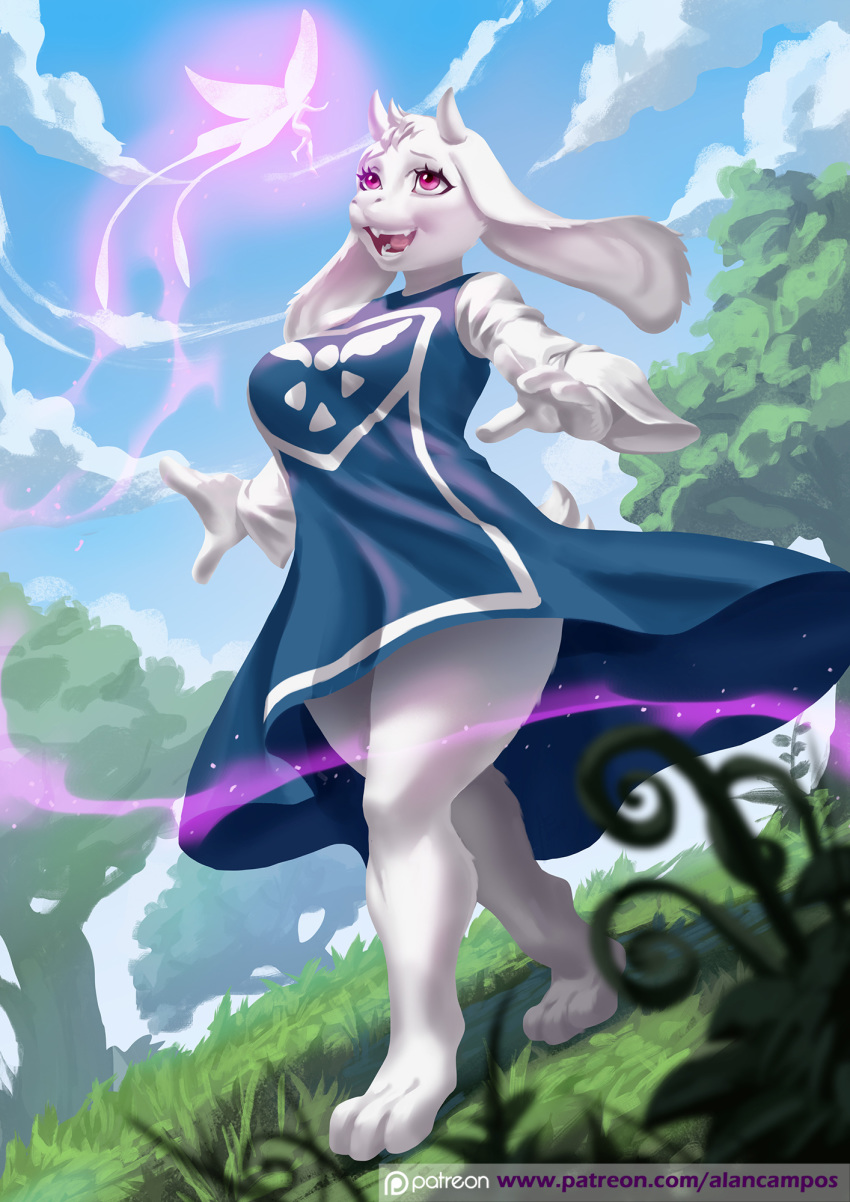 2018 alanscampos anthro boss_monster caprine clothed clothing cloud digital_media_(artwork) female goat grass hi_res horn long_ears mammal open_mouth outside patreon sky solo toriel tree undertale video_games