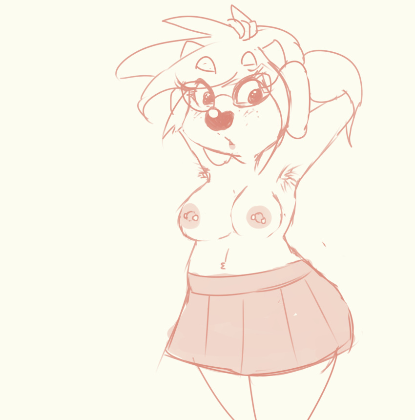 2015 anthro areola armpit_hair arms_above_head blush bovine breasts cattle clothing eyewear female freckles glasses hand_on_head hands_behind_head hi_res horn maggie_hudson mammal miniskirt monochrome nipple_piercing nipples piercing raised_arm simple_background sketch skirt solo sprocket_(artist) white_background