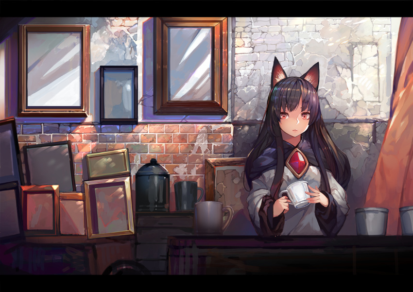 animal_ears bangs brick_wall brooch brown_hair commentary_request crack cup curtains dress expressionless frame holding holding_cup imaizumi_kagerou indoors jewelry long_hair long_sleeves looking_at_viewer onion_(onion_and_pi-natto) red_eyes shiny shiny_hair sidelocks solo touhou upper_body white_dress wide_sleeves wolf_ears