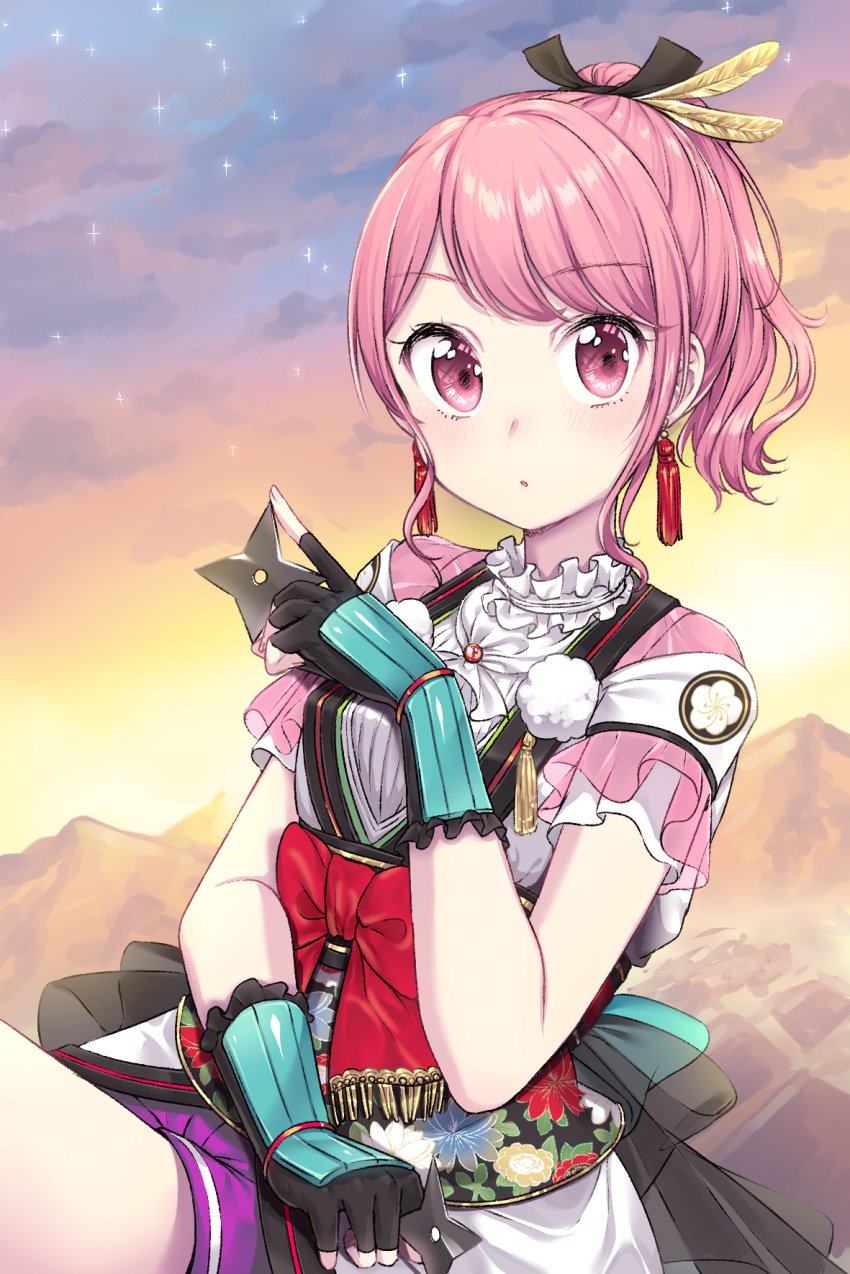 :o bang_dream! bangs black_gloves black_ribbon blue_bow blush bow cloud cloudy_sky earrings eyebrows_visible_through_hair feathers fingerless_gloves floral_print frills gloves hair_feathers hair_ribbon high_ponytail highres holding jewelry looking_at_viewer maruyama_aya outdoors parted_lips pink_eyes pink_hair ponytail purple_skirt ribbon shirt short_sleeves shuriken sidelocks skirt sky solo sparkle umeno white_shirt yellow_feathers