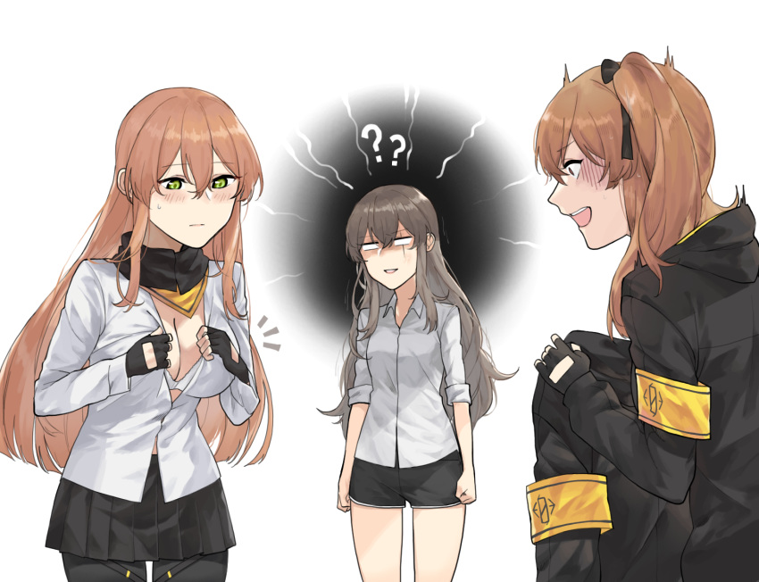 ?? alternate_costume anger_vein armband bangs black_gloves black_legwear black_ribbon black_shorts blush bra breast_envy breasts brown_eyes brown_hair buttoning cleavage closed_mouth collared_shirt commentary cosplay embarrassed eyebrows_visible_through_hair fingerless_gloves girls_frontline gloves green_eyes hair_between_eyes hair_ornament hair_ribbon hairclip highres holding holding_jacket hood hood_down hooded_jacket jacket large_breasts long_hair long_sleeves looking_at_another looking_down m1903_springfield_(girls_frontline) mimiyo multiple_girls one_side_up open_mouth pantyhose ribbon scar scar_across_eye scarf shaded_face shirt short_shorts shorts sidelocks simple_background skirt sleeves_folded_up small_breasts smile sweat sweatdrop thighs twintails ump45_(girls_frontline) ump45_(girls_frontline)_(cosplay) ump9_(girls_frontline) undersized_clothes underwear white_background white_bra white_eyes white_shirt yellow_eyes