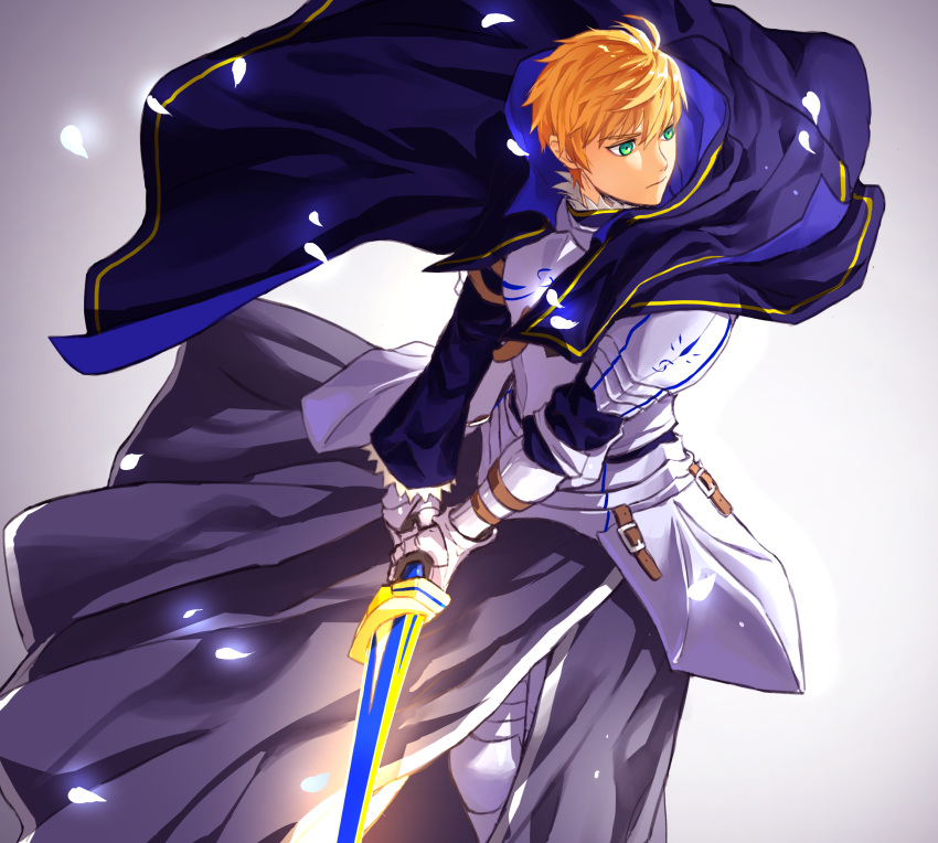 absurdres armor arthur_pendragon_(fate) atomel blonde_hair blue_cape cape excalibur_(fate/prototype) fate/prototype fate_(series) gauntlets green_eyes grey_skirt highres holding holding_sword holding_weapon long_skirt male_focus shoulder_armor skirt solo spaulders spiked_hair sword two-handed v_arms weapon