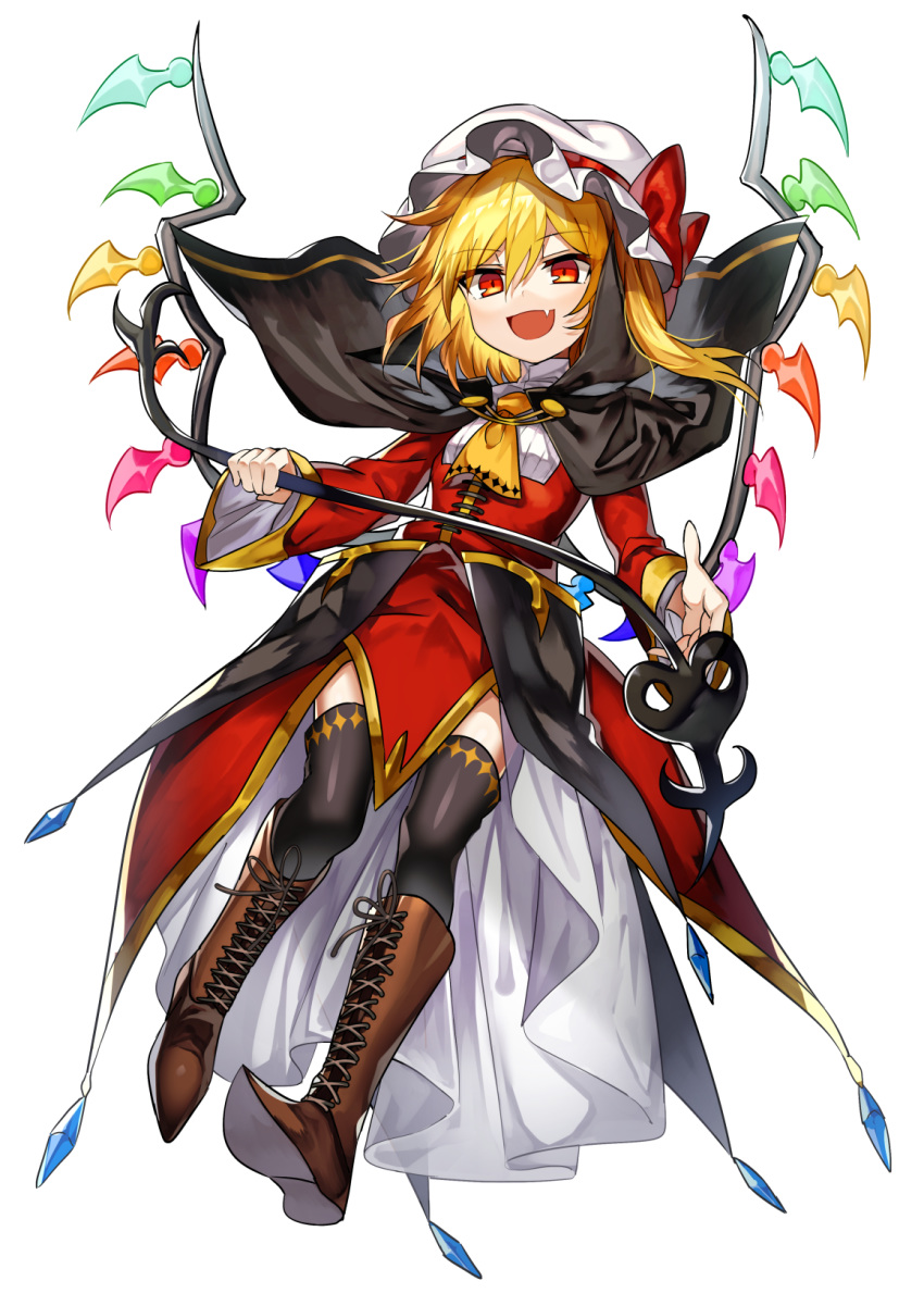 :d adapted_costume ascot black_capelet black_legwear blonde_hair boots bow brown_footwear capelet commentary_request crystal dress eyebrows_visible_through_hair fang flandre_scarlet full_body hair_between_eyes hat hat_bow highres holding laevatein long_sleeves looking_at_viewer manarou open_mouth red_bow red_dress red_eyes short_hair side_ponytail smile solo thighhighs touhou transparent_background white_hat wide_sleeves wings yellow_neckwear zettai_ryouiki