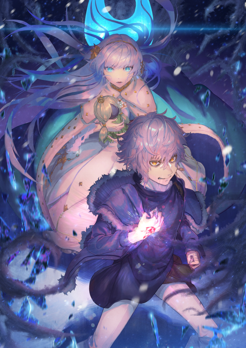 1girl anastasia_(fate/grand_order) bangs blue_eyes cape command_spell commentary_request crown doll dress eyebrows_visible_through_hair fate/grand_order fate_(series) fur_trim hairband highres holding jacket jewelry kadoc_zemlupus long_hair looking_at_viewer nijimaarc ribbon royal_robe silver_hair very_long_hair white_hair yellow_eyes