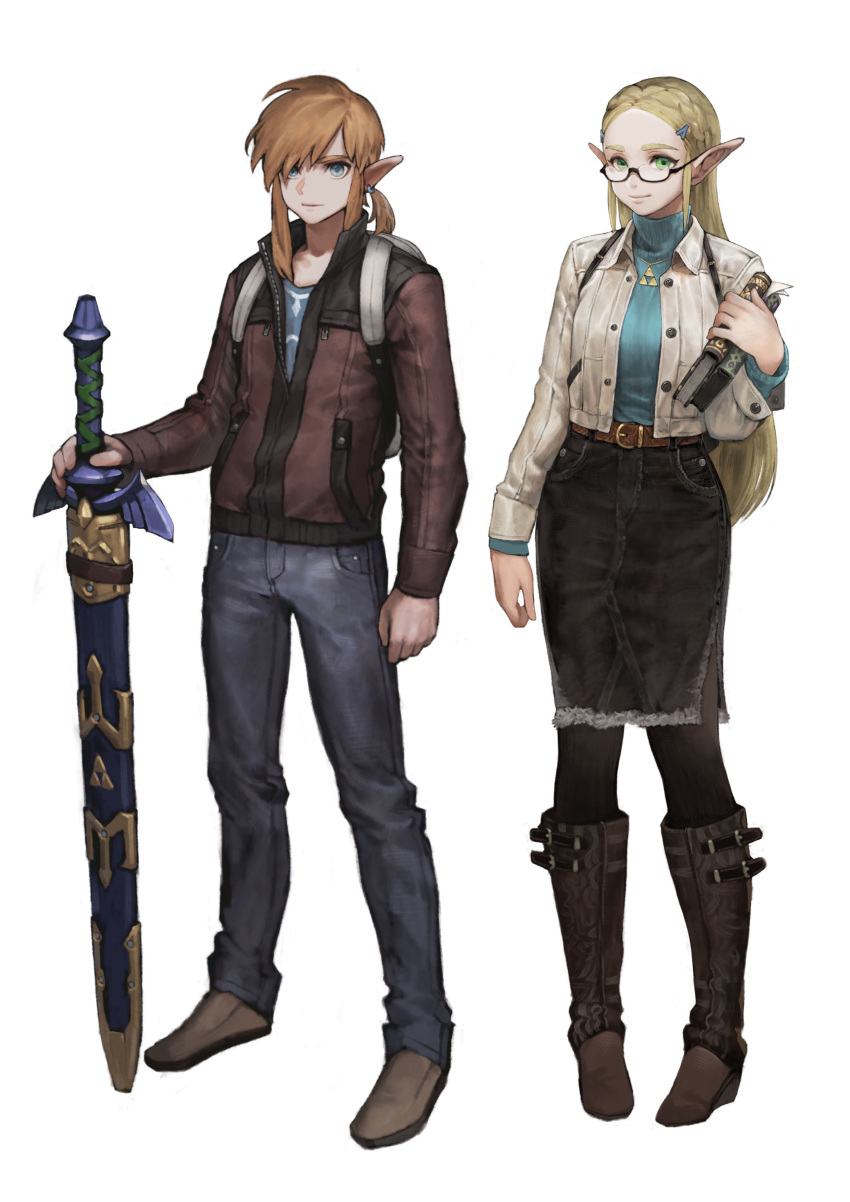 1boy 1girl absurdres alternate_costume backpack belt blonde_hair book denim full_body glasses highres jacket jeans jun_(seojh1029) link long_hair master_sword nintendo pointy_ears princess_zelda simple_background skirt sword the_legend_of_zelda the_legend_of_zelda:_breath_of_the_wild weapon white_background