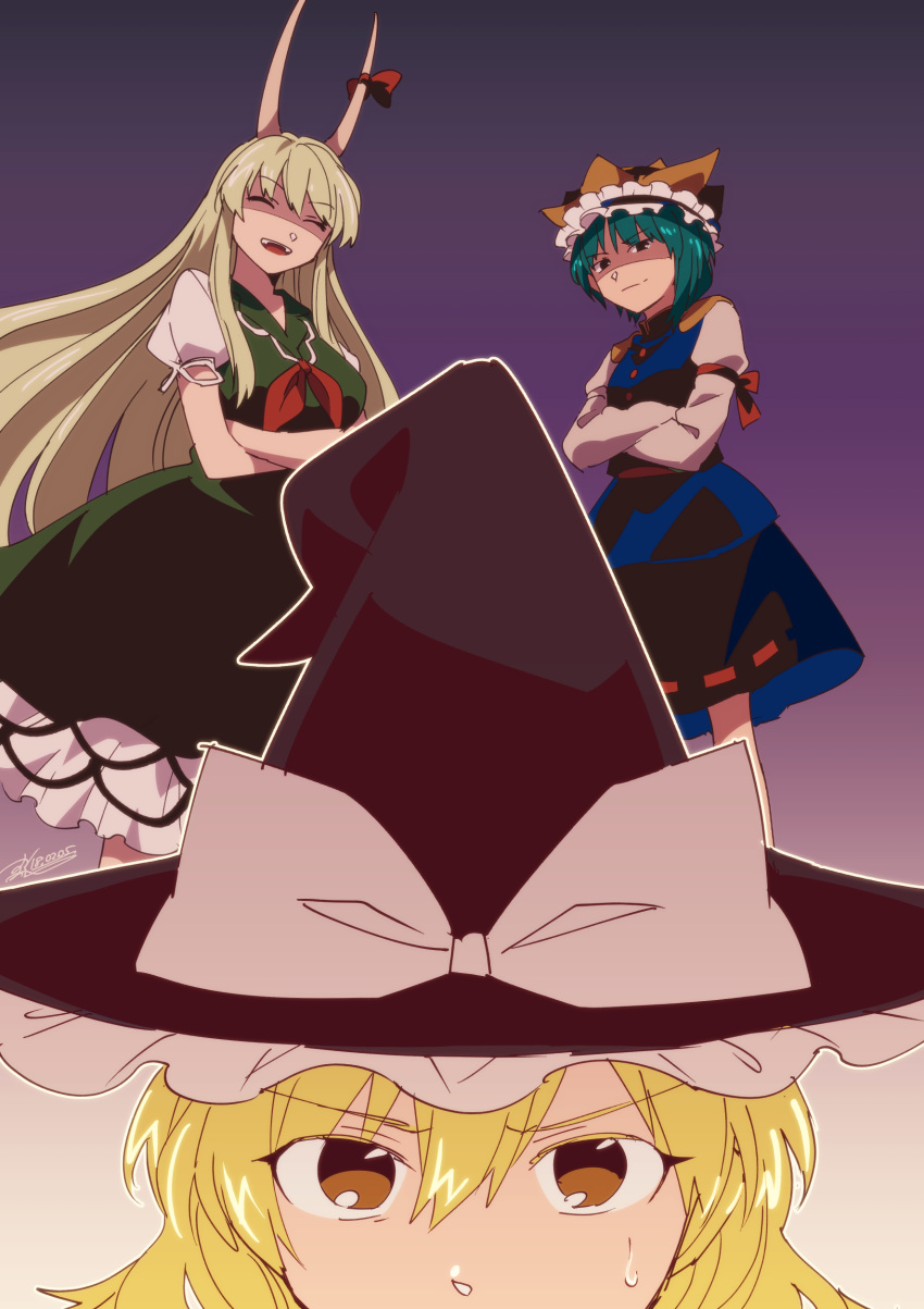 :d ^_^ absurdres aqua_hair black_eyes black_hat blonde_hair blue_skirt bow buttons closed_eyes closed_mouth crossed_arms dress ex-keine green_dress green_hair hat hat_bow highres horn_ribbon horns kamishirasawa_keine kirisame_marisa long_hair long_sleeves multiple_girls neckerchief open_mouth orange_eyes outline puffy_long_sleeves puffy_short_sleeves puffy_sleeves red_neckwear red_ribbon ribbon ribbon-trimmed_clothes ribbon-trimmed_skirt ribbon_trim shiki_eiki shikido_(khf) shirt short_hair short_sleeves skirt skirt_set smile sweatdrop teeth touhou turtleneck white_bow white_outline white_shirt witch_hat