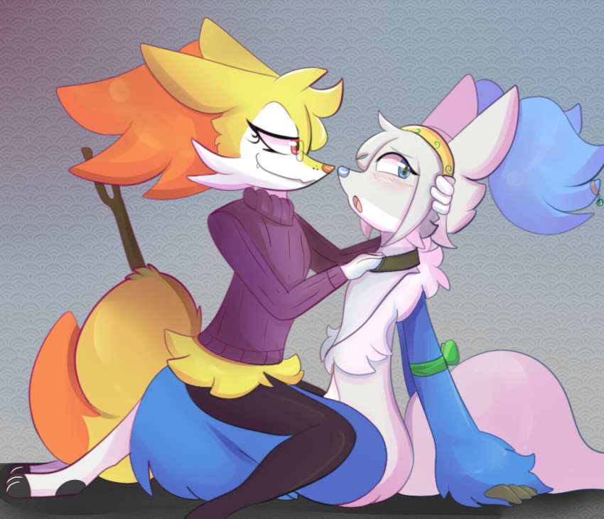 alternate_color blush braixen clothing delphox domination fan_character female headband kitsunekotaro legwear male nintendo pok&eacute;mon pok&eacute;mon_(species) rune shy smile socks stick submissive sweater video_games