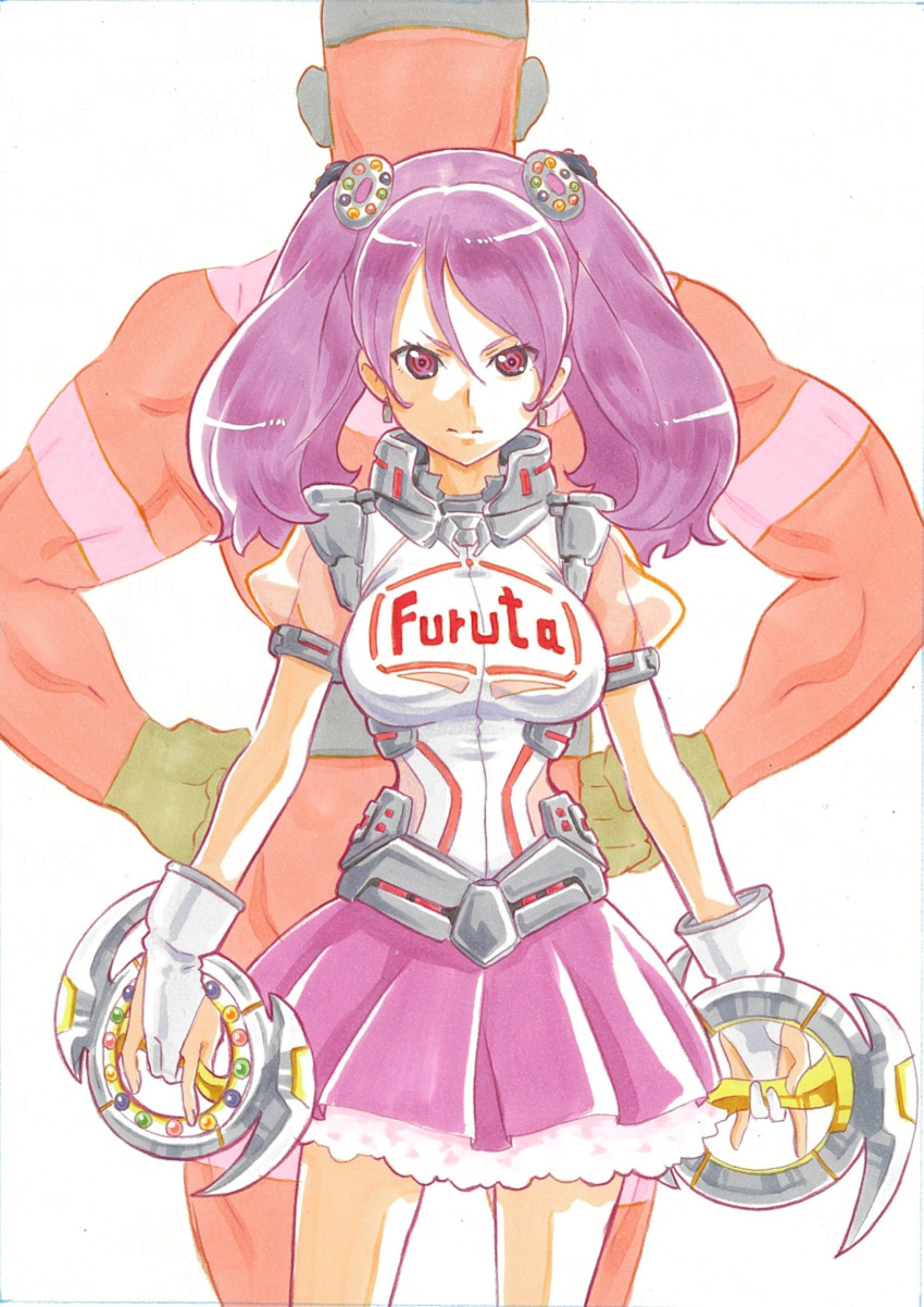 1boy 1girl adapted_costume back-to-back bodysuit candy_hair_ornament food_themed_hair_ornament furuta_(company) furutaman furutan hair_ornament hands_on_hips highres itaoka1 mascot pink_eyes pink_hair pink_skirt see-through serious short_sleeves simple_background skirt twintails white_background