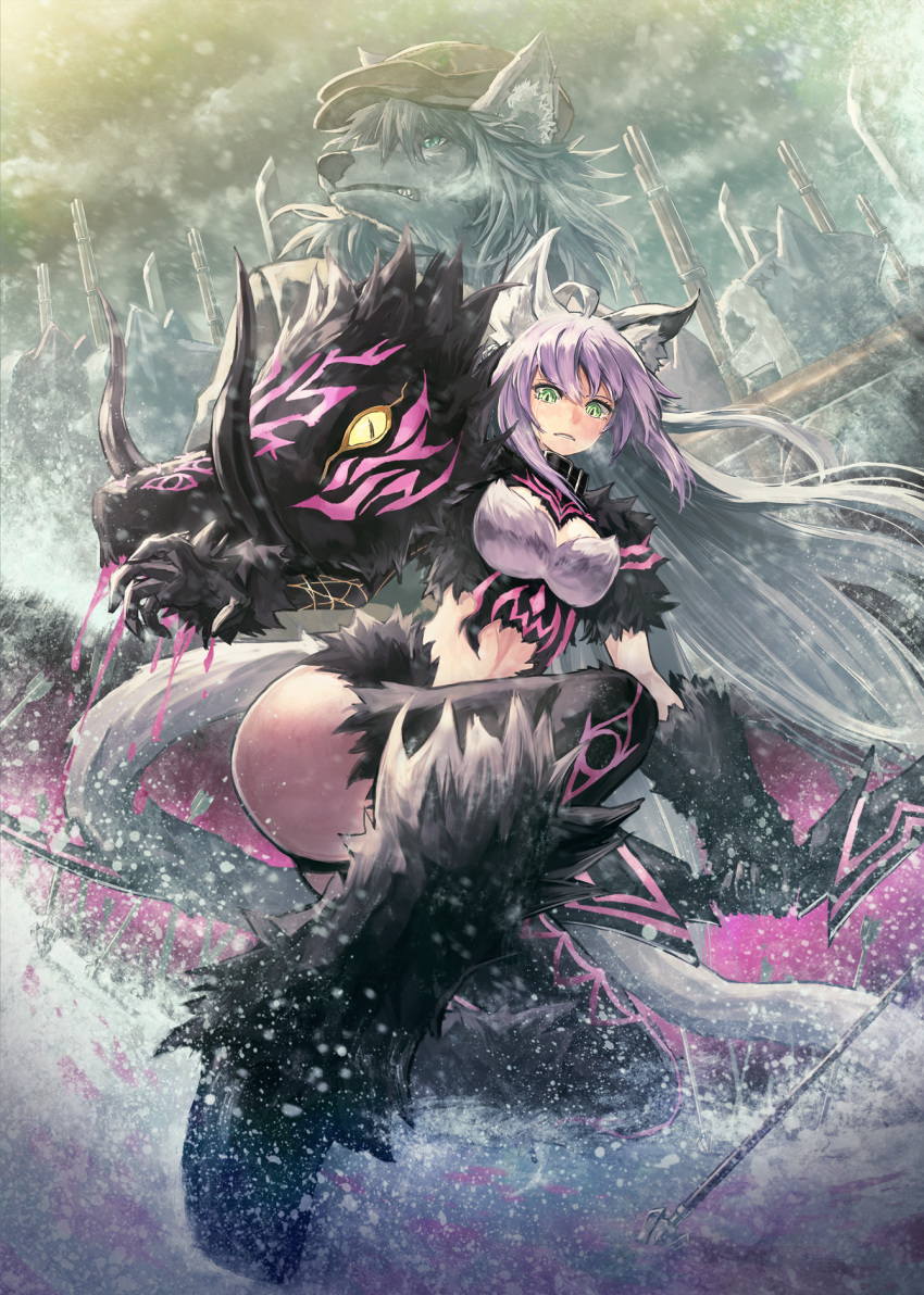 agrius_metamorphosis ahoge animal_ears atalanta_(alter)_(fate) atalanta_(fate) blue_eyes bow_(weapon) breasts chain eyebrows_visible_through_hair fate/grand_order fate_(series) fur furry green_eyes grey_hair hair_between_eyes hat highres holding holding_bow_(weapon) holding_weapon kuroi_susumu large_breasts long_hair looking_at_another multicolored_hair patxi slit_pupils tail very_long_hair weapon