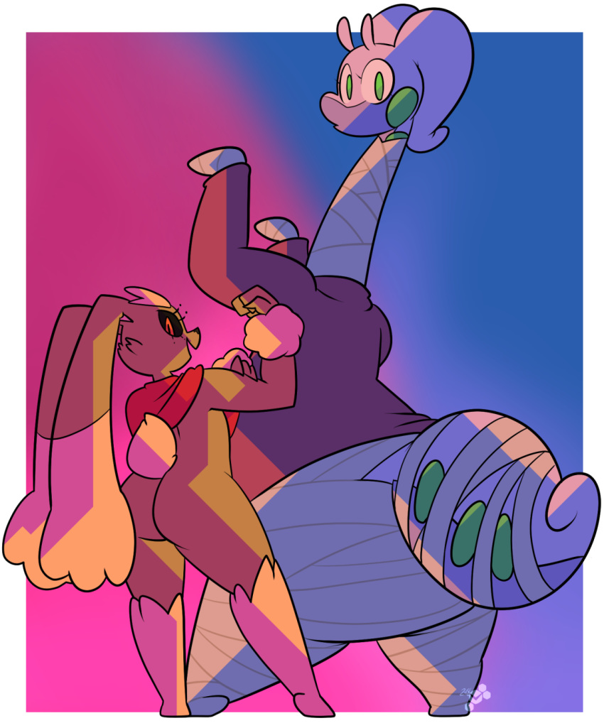 bandage big_butt black_sclera butt cape clothing duo female goodra green_eyes kiwi_(potoobrigham) long_ears looking_back lopunny nintendo pok&eacute;mon pok&eacute;mon_(species) pose potoobrigham size_difference sweater video_games