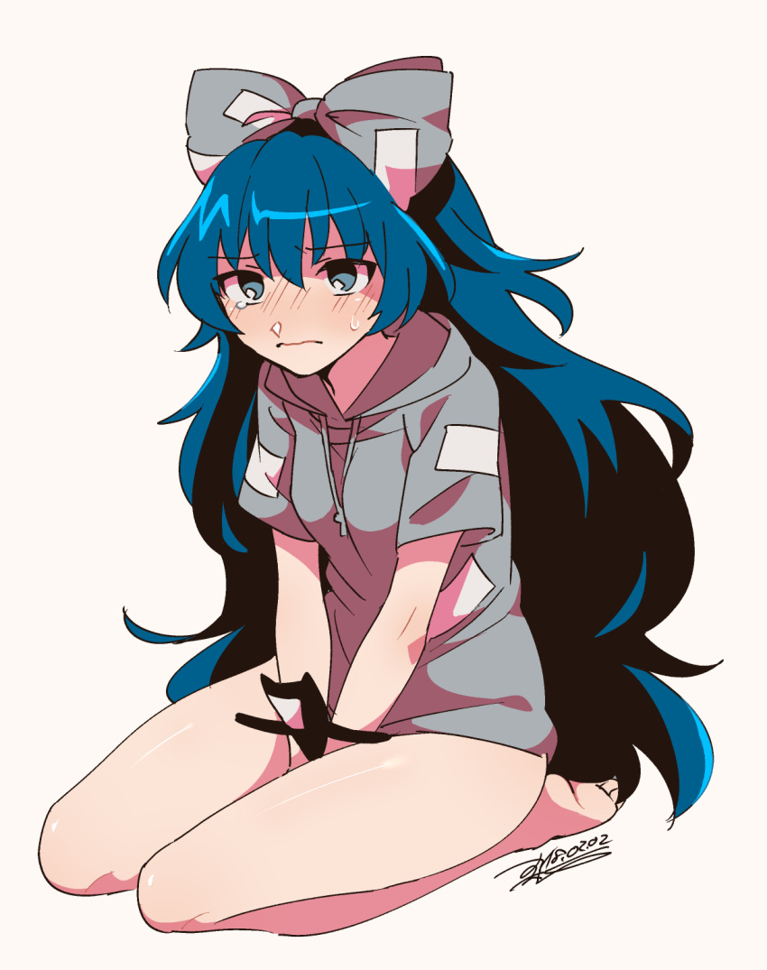 bangs bare_legs barefoot between_legs blue_eyes blue_hair blush bottomless bow breasts closed_mouth dated eyebrows eyebrows_visible_through_hair frown full_body grey_bow grey_hoodie hair_between_eyes hair_bow hand_between_legs highres hood hood_down long_hair nose_blush paper shikido_(khf) short_sleeves signature silver_background simple_background single_tear sitting small_breasts solo stuffed_animal stuffed_cat stuffed_toy sweat tears touhou v_arms very_long_hair wariza yorigami_shion