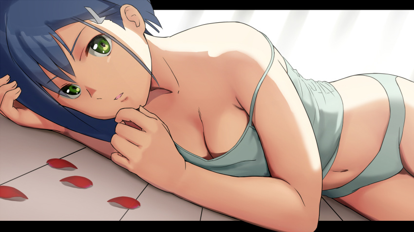 aqua_panties bangs bare_legs bare_shoulders blue_hair breasts camisole cleavage collarbone darling_in_the_franxx dutch_angle green_eyes hair_ornament hairclip highlights highres ichigo_(darling_in_the_franxx) letterboxed lying medium_breasts multicolored_hair navel on_floor on_side panties parted_lips short_hair solo spaghetti_strap stomach strap_slip tomitayaki underwear underwear_only