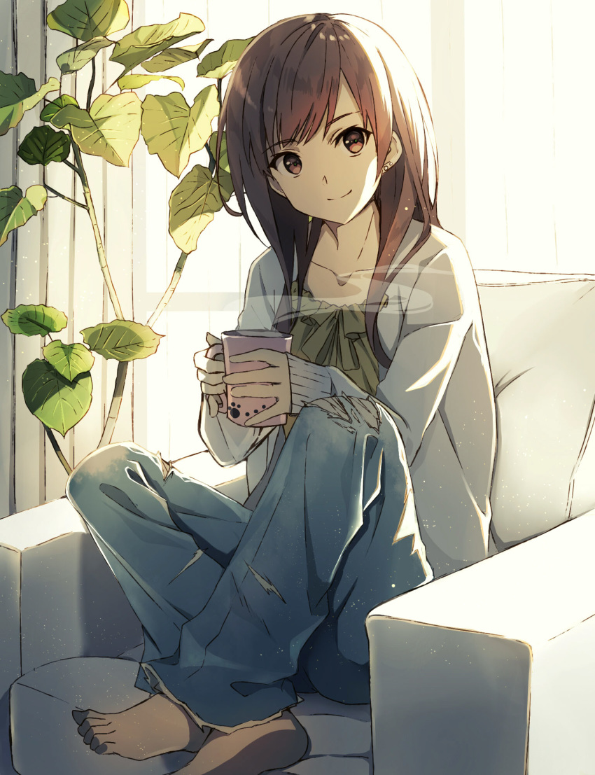akami_fumio armchair bangs barefoot blue_pants brown_eyes brown_hair chair closed_mouth collarbone commentary_request crossed_ankles cup curtains day denim eyebrows_visible_through_hair green_shirt head_tilt highres holding holding_cup indoors jacket jeans looking_at_viewer mug open_clothes open_jacket original pants plant shirt sitting smile solo steam sunlight torn_clothes torn_jeans torn_pants white_jacket window
