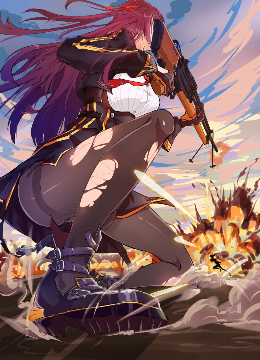 absurdres action ankle_boots belt belt_boots bipod black_footwear black_legwear black_skirt blazer blush boots breasts buckle bullpup chinese_commentary commentary_request dust explosion fire firing floating_hair from_below girls_frontline gloves gun hair_ribbon half_updo highres holding holding_gun holding_weapon jacket large_breasts long_hair looking_at_another multiple_girls necktie one_knee one_side_up pantyhose purple_hair red_neckwear ribbon rifle running scope shell_casing shirt shoes skirt sliding smoke sniper_rifle solo_focus striped striped_shirt thighs torn_clothes torn_legwear very_long_hair wa2000_(girls_frontline) walther walther_wa_2000 weapon white_shirt wind wind_lift ya_yan