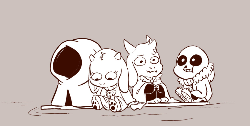 2015 alternate_universe animated_skeleton anthro asgore_dreemurr bone boss_monster caprine chibi female goat group littletale male mammal monochrome mudkipful river_person_(undertale) sans_(undertale) sitting skeleton smile toriel undead undertale video_games water