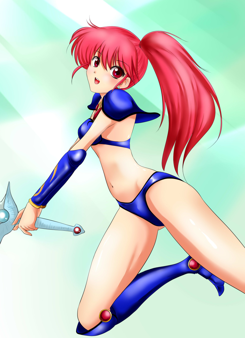 absurdres armor asagiri_youko bikini bikini_armor blue_bikini blue_footwear boots breasts commentary_request earrings from_side genmu_senki_leda highres jewelry knee_boots leg_lift legs long_hair nanao_futaba navel open_mouth pauldrons red_eyes red_hair side_ponytail sideboob smile solo swimsuit sword vambraces weapon