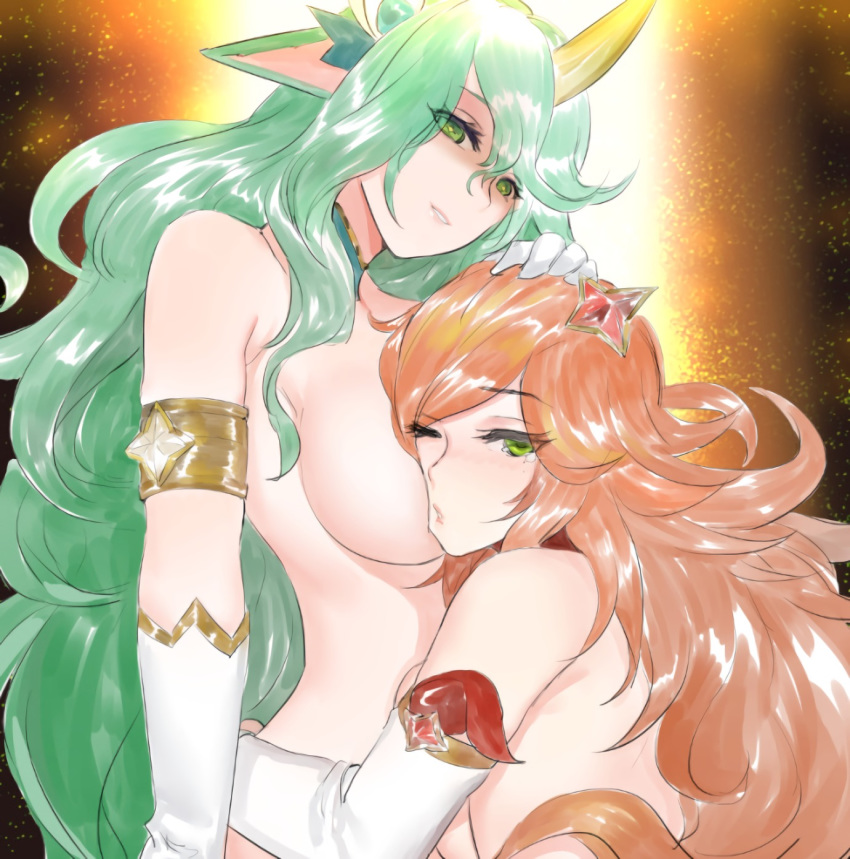 2girls breasts green_eyes green_hair horns hug large_breasts league_of_legends looking_at_viewer multiple_girls nude pd_(pdpdlv1) red_hair sarah_fortune sideboob soraka star_guardian_soraka yuri