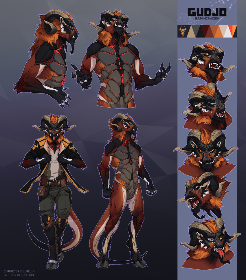 alien anthro caprine clothed clothing cloven_hooves digitigrade featureless_crotch fully_clothed fur goat hooves horn jacket lurelin male mammal model_sheet muscular nude orange_fur smile snarling solo standing tongue tongue_out tusks walking