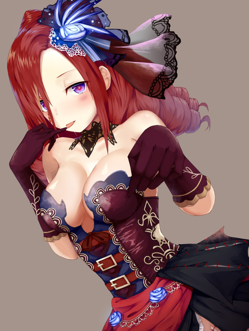 absurdres black_gloves blue_flower breasts ceres_(shingeki_no_bahamut) choker cleavage drill_hair dutch_angle finger_to_mouth flower gloves grey_background hair_between_eyes hair_flower hair_ornament highres long_hair looking_at_viewer medium_breasts pinky_to_mouth purple_eyes red_hair shadowverse shingeki_no_bahamut shiny shiny_skin simple_background solo strapless tongue tongue_out transparent yamato_(muchuu_paradigm)