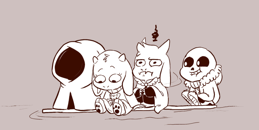 2015 alternate_universe animated_skeleton annoyed anthro asgore_dreemurr bone boss_monster caprine chibi female goat grin group littletale male mammal monochrome mudkipful river_person_(undertale) sans_(undertale) skeleton smile toriel undead undertale video_games young