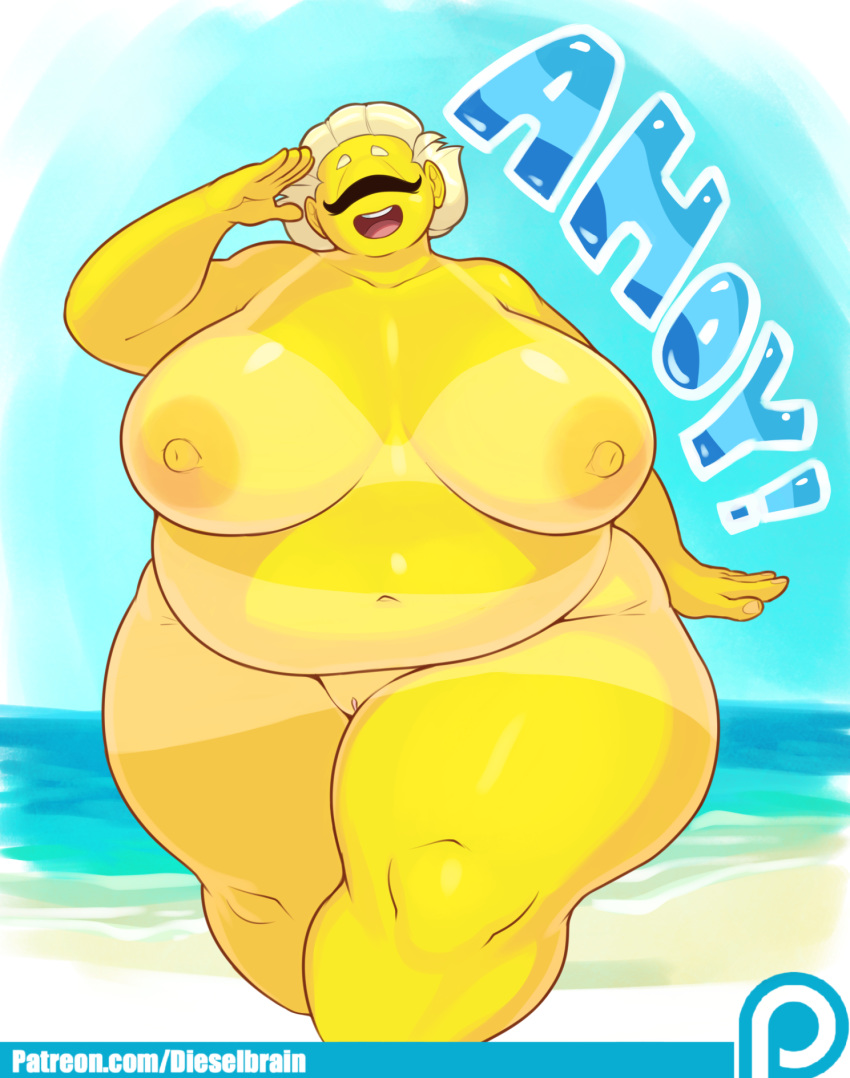 :d belly big_belly big_breasts blonde_hair breasts cyclops dialogue dieselbrain english_text eyes_closed female hair hi_res huge_breasts humanoid navel nipples not_furry nude obese open_mouth overweight overweight_female patreon pussy short_hair solo sucy suntan tan_line teeth text thick_thighs tongue url wide_hips yellow_skin