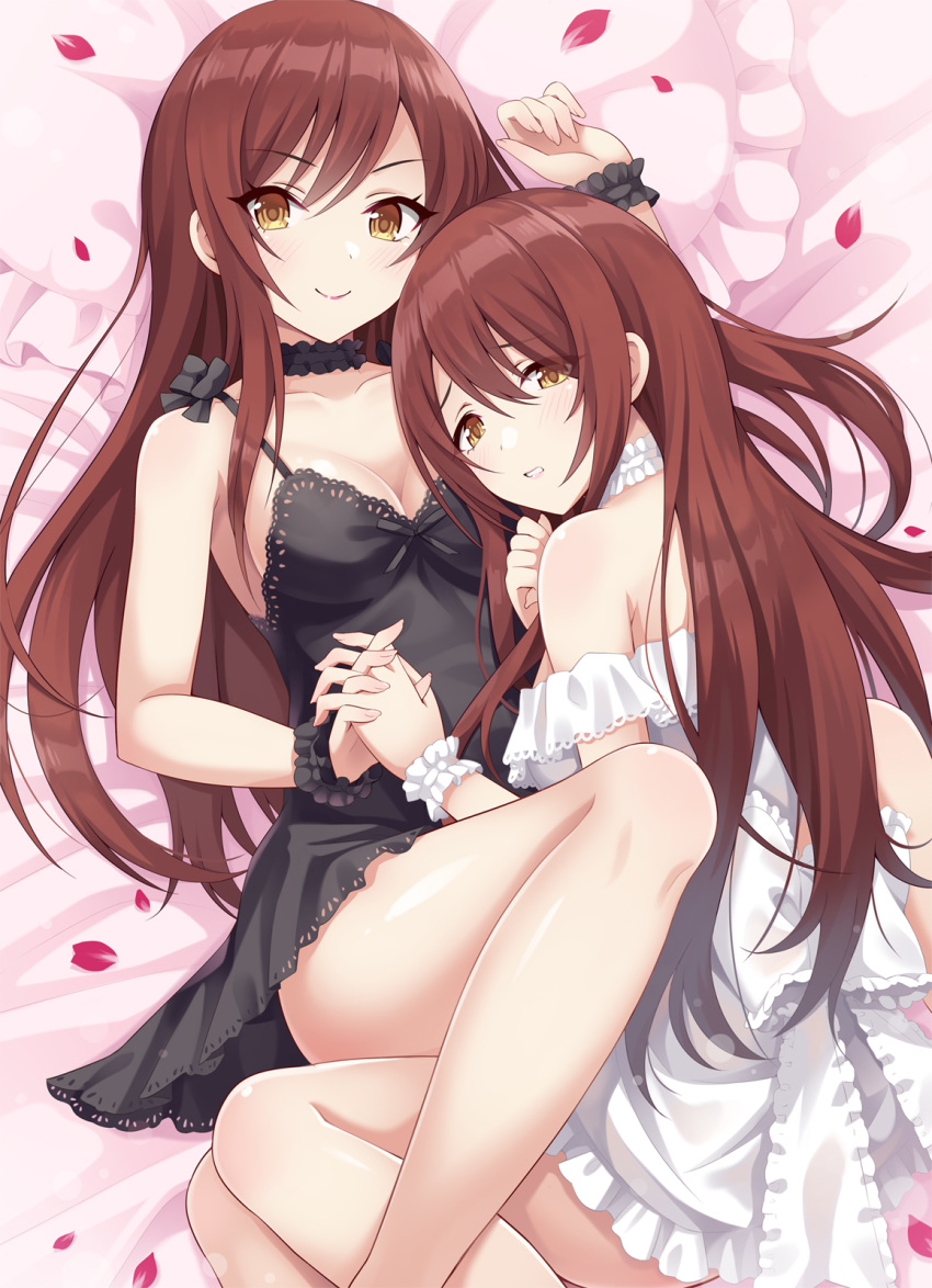 bangs bare_shoulders black_dress blush breasts brown_eyes brown_hair choker cleavage commentary_request dress eyebrows_visible_through_hair hair_between_eyes highres holding_hands idolmaster idolmaster_shiny_colors interlocked_fingers long_hair looking_at_viewer medium_breasts multiple_girls oosaki_amana oosaki_tenka parted_lips petals siblings sisters smile thighs twins urabi_(tomatohouse) white_dress wrist_cuffs yellow_eyes