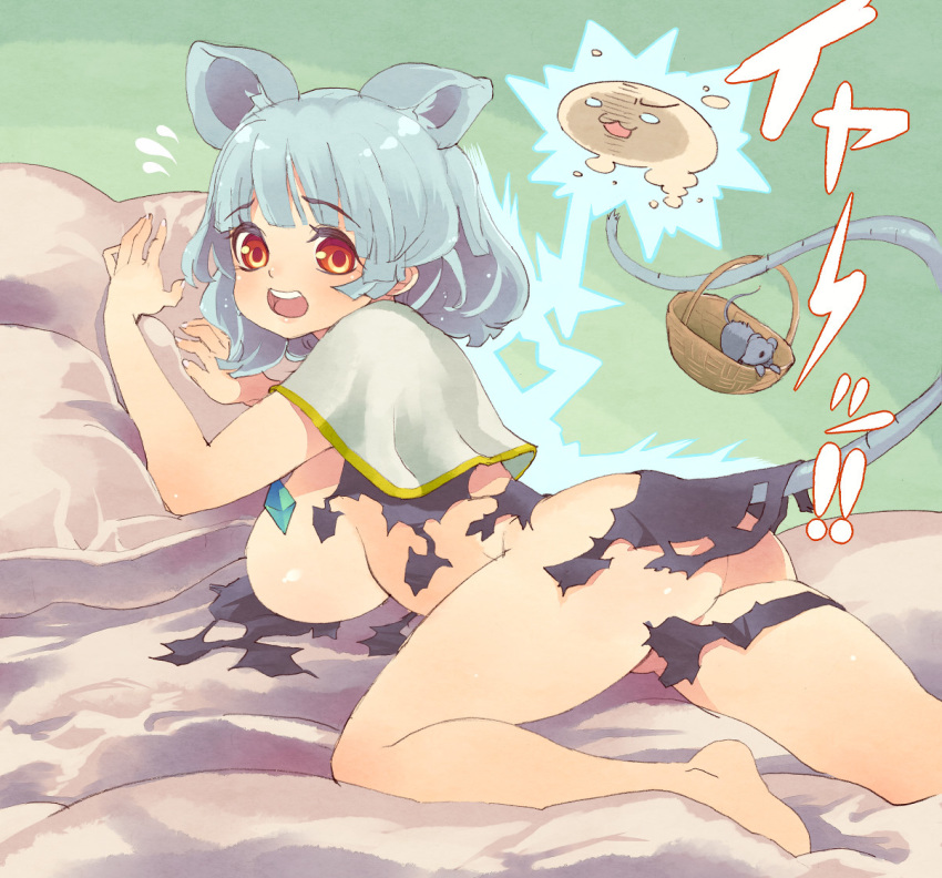 animal animal_ears ass bangs bare_arms bare_legs barefoot basket bed bed_sheet breasts capelet diamond_(shape) dress electricity eyebrows eyebrows_visible_through_hair flying_sweatdrops grey_dress grey_hair jewelry large_breasts lying mouse mouse_ears mouse_tail nazrin no_bra no_panties on_bed on_stomach pendant pillow red_eyes short_hair solo tail tail_raised teeth torn_clothes torn_dress touhou tsuutenkaaku white_capelet