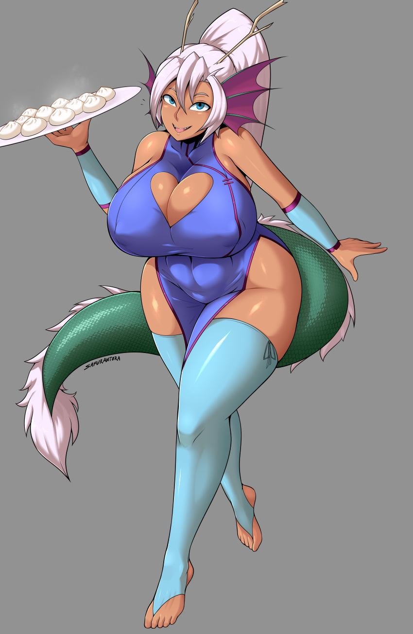 animal_humanoid big_breasts blue_eyes breasts brown_skin chinese_clothing chinese_dress cleavage cleavage_cutout clothed clothing dragon_humanoid dress ear_fins female fin food fur hair holding_object huge_breasts humanoid legwear long_hair navel nipple_bulge open_mouth plate ponytail safurantora signature smile solo teeth thigh_highs tongue voluptuous white_fur white_hair wide_hips