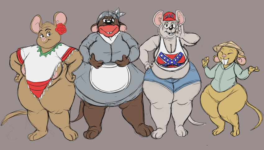 anthro big_breasts big_butt big_lips bigotry blackface breasts butt confederate_flag female grey_background group huge_lips lips mammal mammy mexican mouse nokemop overweight racism rat rodent simple_background slightly_chubby stereotypes united_states_of_america