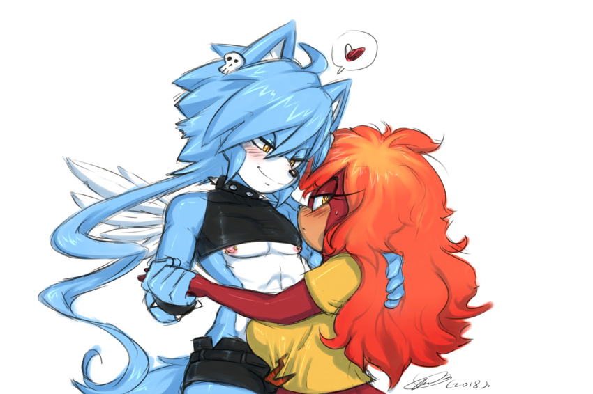 &lt;3 big_breasts black_nose blue_fur blush bracelet breasts clothed clothing collar dancing duo feathers female flamez fluffy fur girly hedgehog jewelry long_tail male mammal nipple_piercing nipples piercing red_fur rubber skimpy skull soina spandex tight_clothing wings yellow_eyes