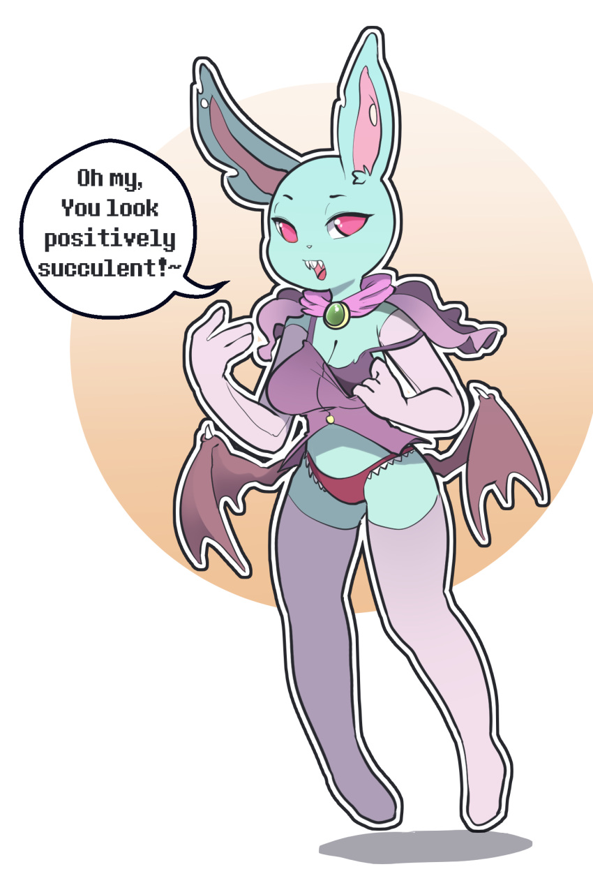 anthro armwear blue_body breasts butt_wings cleavage clothed clothing dialogue elbow_gloves english_text fangs female floating gloves hi_res itsunknownanon lagomorph legwear looking_at_viewer mammal membranous_wings off_shoulder panties pink_eyes rabbit solo speech_bubble stockings talking_to_viewer text underwear undressing vampire wings