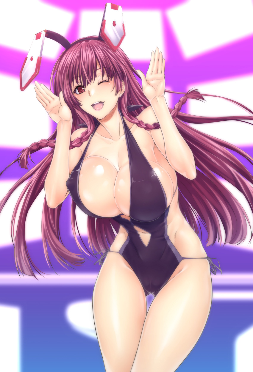 ;d absurdres animal_ears ass_visible_through_thighs bangs bare_arms bare_legs bare_shoulders black_swimsuit blush braid breasts brown_hair bunny_ears bunny_pose casual_one-piece_swimsuit cleavage collarbone covered_nipples cowboy_shot enty_reward eyebrows_visible_through_hair eyelashes halter_top halterneck highres infinite_stratos large_breasts legs_together long_hair looking_at_viewer navel navel_cutout one-piece_swimsuit one_eye_closed open_mouth paid_reward purple_eyes purple_hair red_eyes red_hair shinonono_tabane shiny shiny_skin side-tie_swimsuit smile solo standing swimsuit thigh_gap tongue twin_braids upper_teeth very_long_hair zucchini