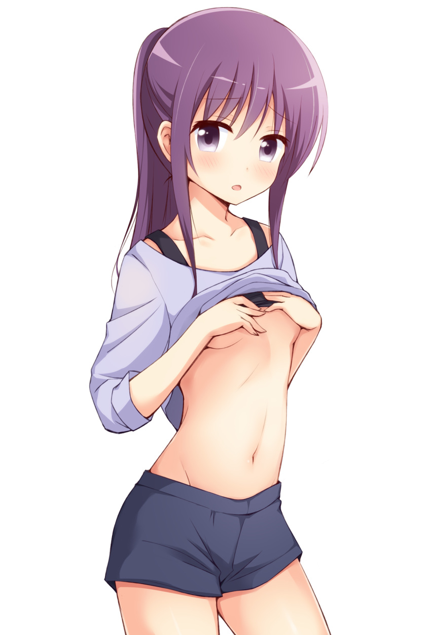 :o bangs blush breasts collarbone comic_girls commentary_request cowboy_shot eyebrows_visible_through_hair highres irokawa_ruki lifted_by_self looking_at_viewer navel off-shoulder_shirt off_shoulder open_mouth ponytail purple_eyes purple_hair shirt shirt_lift shorts sidelocks simple_background small_breasts solo tank_top underboob white_background yuu_(yumezakura)