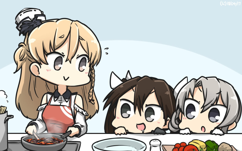 :d apron black_eyes black_gloves brown_hair check_commentary commentary_request cooking dated drooling food gloves grey_eyes hamu_koutarou hat highres kantai_collection long_hair mini_hat multiple_girls nowaki_(kantai_collection) open_mouth purple_eyes red_apron short_hair silver_hair single_glove smile tone_(kantai_collection) v-shaped_eyebrows white_gloves white_hat zara_(kantai_collection)