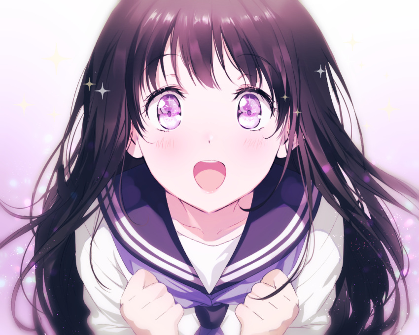 arms_at_sides bangs black_hair blush chitanda_eru clenched_hands eyebrows_visible_through_hair eyelashes gradient gradient_background hands_up hyouka light_particles long_hair long_sleeves looking_at_viewer mery_(apfl0515) navy_blue_sailor_collar neckerchief open_mouth pink_lips purple purple_background purple_eyes purple_neckwear reflective_eyes round_teeth school_uniform serafuku shiny shiny_hair shirt smile solo sparkle teeth upper_body very_long_hair white_background white_shirt