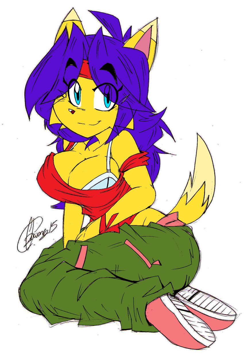 2015 akatsukishiranui-fox anthro big_breasts blue_hair bra breasts canine cargo_pants cleavage clothed clothing dingo female footwear hair hairband hi_res huge_breasts inviting looking_at_viewer mammal naomi_(ty) pants shirt shoes signature simple_background smile solo ty_the_tasmanian_tiger underwear white_background