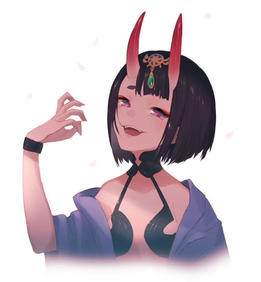 :d bangs black_hair breasts collarbone commentary_request eyebrows_visible_through_hair fangs fate/grand_order fate_(series) hand_up highres japanese_clothes kimono looking_at_viewer off_shoulder oni oni_horns open_clothes open_kimono open_mouth petals purple_eyes purple_kimono short_hair shuten_douji_(fate/grand_order) simple_background small_breasts smile solo thick_eyebrows white_background yoo_(tabi_no_shiori)