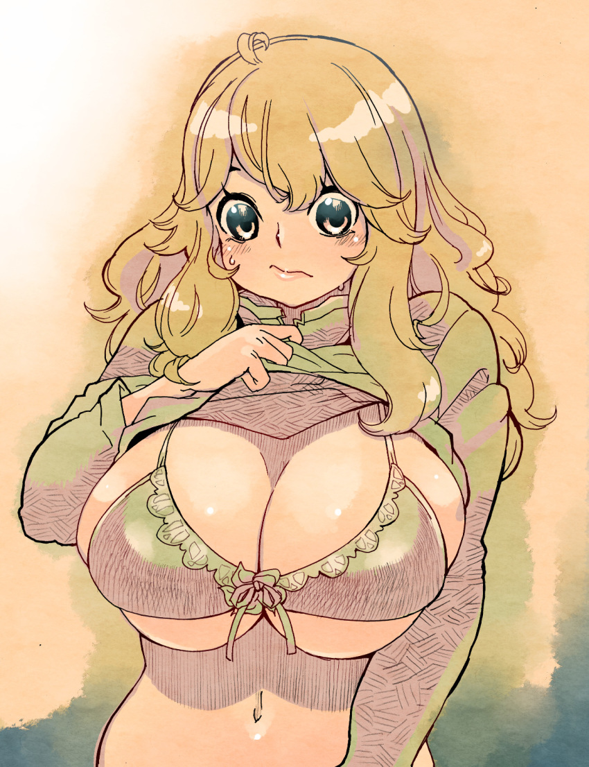 :/ ahoge bangs bikini bikini_under_clothes blonde_hair blush breasts cleavage closed_mouth eyebrows eyelashes front-tie_bikini front-tie_top green_shirt hair_between_eyes highres huge_breasts lifted_by_self long_hair long_sleeves looking_at_breasts looking_away looking_down navel original pink_eyes pink_lips ribbon shirt shirt_lift sidelocks skindentation solo stomach sweat swimsuit tareme tsuutenkaaku underboob upper_body wavy_hair